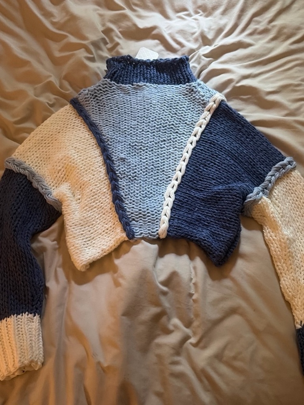 Colorblock Knit Cropped Sweater - Blue & Cream NWT